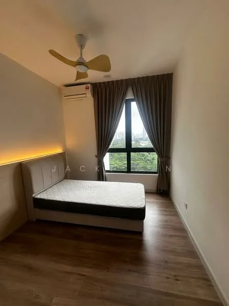 Bedroom features: queen-size bed, upholstered headboard, wooden flooring, 5-blade ceiling fan, wall-mounted split AC, floor-to-ceiling window, grey curtains, LED strip lighting behind headboard; style: modern; view: garden.