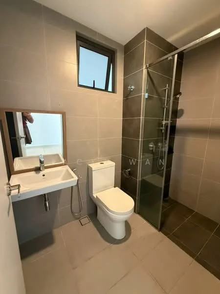 Bathroom features: grey tiled walls, light grey tiled flooring, glass shower enclosure, rain shower head, handheld shower, single-sink vanity with mirror, chrome basin mixer, one-piece toilet, window for natural light, towel rail; style: modern.