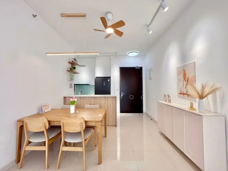 Dining features: wooden dining table with four chairs, pendant light fixture, 5-blade ceiling fan with light, white painted walls, glossy tile flooring, open kitchen area with countertop, black refrigerator, wooden cabinetry, decorative wall art, vase with flowers on table; style: modern.