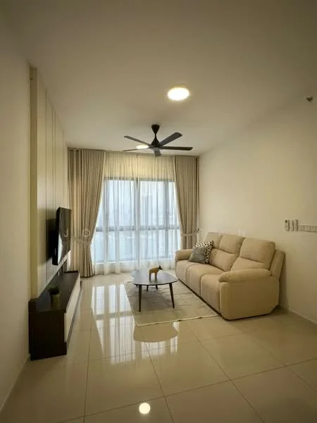 Living features: beige fabric 3-seater sofa, wooden coffee table, wall-mounted TV, light-colored wall with built-in cabinetry, white painted walls, glossy tile flooring, ceiling fan with light, floor-to-ceiling windows with sheer curtains, area rug with geometric pattern, decorative throw pillows; style: modern.