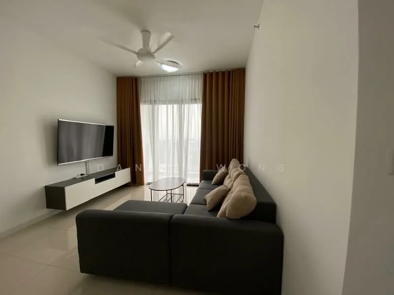 Living features: 3-seater fabric sofa in grey, coffee table, wall-mounted TV, TV console, floor-to-ceiling windows, sheer curtains, brown curtain drapes, ceiling fan, recessed downlights, white painted walls, glossy tile flooring; style: modern.