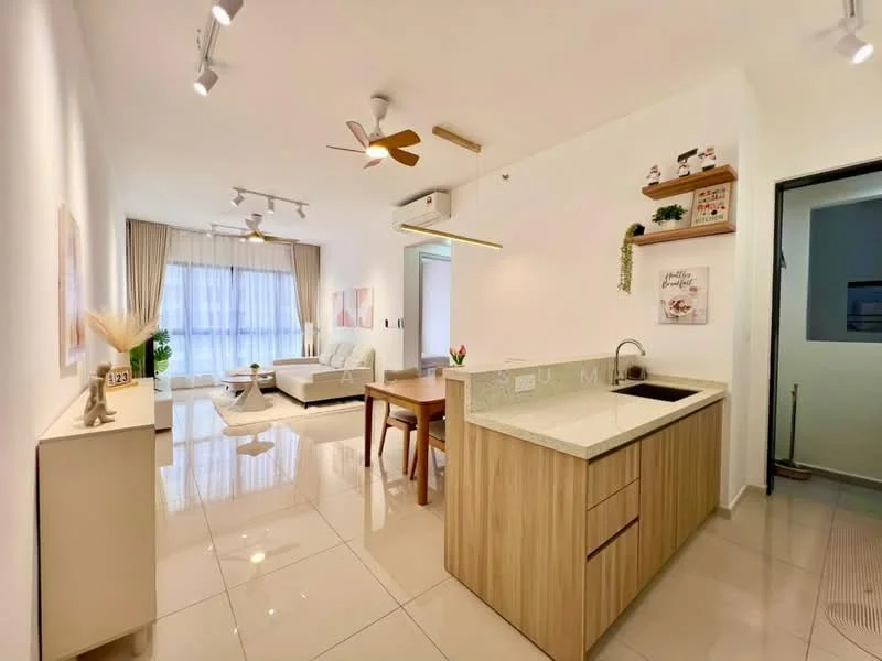 Living features: cream painted walls, glossy tile flooring, 5-blade ceiling fan with light, sofa in light color, dining table with chairs, kitchen island with countertop, built-in cabinetry, floor-to-ceiling windows with sheer curtains; style: modern. Kitchen features: single-bowl stainless-steel sink, chrome pull-down faucet, wood cabinetry, granite countertop, built-in appliances; style: modern.