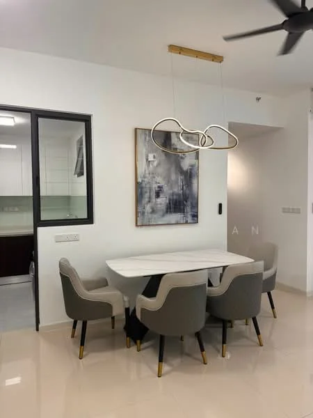 Dining features: 6-seater dining table with white marble top, upholstered dining chairs in grey, gold accents on chair legs, pendant light fixture with modern design, white painted walls, glossy tile flooring, floor-to-ceiling window, black window frame, abstract artwork on wall; style: modern.