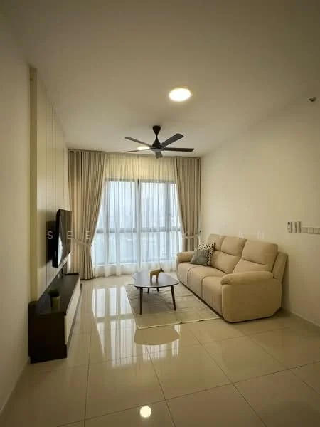 Living features: cream fabric 3-seater sofa, wood coffee table, wall-mounted TV, light-colored wall with built-in cabinetry, large floor-to-ceiling windows, sheer curtains, recessed ceiling lights, ceiling fan with 3 blades, glossy tile flooring, decorative throw pillow, area rug; style: modern; view: city.