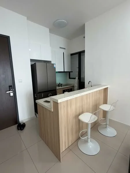 Kitchen features: white cabinets, light wood cabinetry, granite countertop, stainless-steel fridge, built-in oven, 4-burner gas hob, single-bowl stainless-steel sink, chrome pull-down faucet, bar counter with two white stools, tile flooring, recessed downlights, wall-mounted cabinets; style: modern.