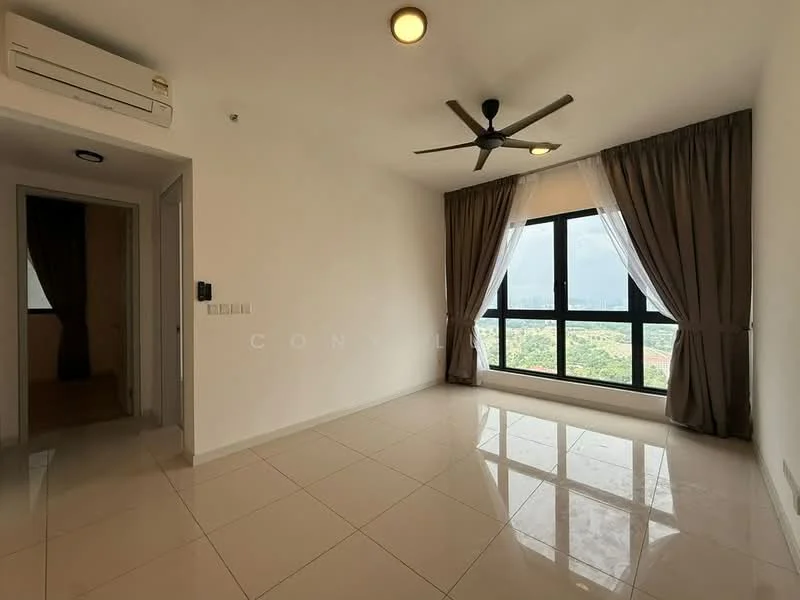 Living features: white painted walls, glossy tile flooring, 5-blade ceiling fan with light, floor-to-ceiling windows, sheer curtains, blackout curtains, mountain view, air conditioning unit; style: modern; view: mountain. Room features: white painted walls, doorway leading to another room.