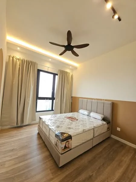 Bedroom features: queen-size bed, upholstered headboard, wooden flooring, 5-blade ceiling fan, floor-to-ceiling window, sheer curtains, accent wall in brown, recessed LED lighting; style: modern.