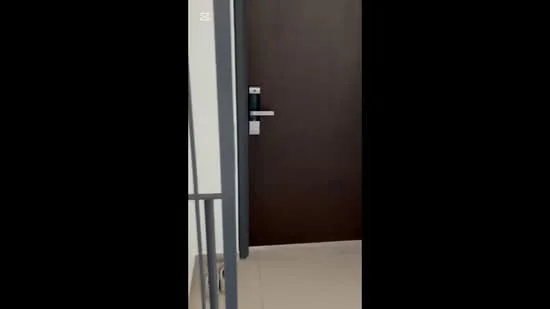 Room features: brown wooden door, digital door lock, light-colored wall, cream tiled flooring, metal railing; style: modern.