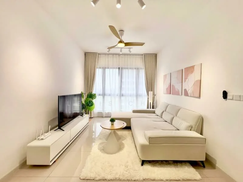 Living features: 3-seater fabric sofa in light grey, white coffee table, TV console in white, wall-mounted flat-screen TV, area rug in white, 5-blade ceiling fan with light, floor-to-ceiling windows with sheer curtains, decorative houseplant in ceramic pot, framed artwork on wall, recessed downlights; style: modern.