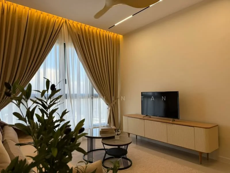 Living features: beige fabric sofa, coffee table with black top, TV console with wood finish, wall-mounted TV, floor-to-ceiling windows, sheer curtains, recessed LED downlights, 5-blade ceiling fan with light, decorative indoor plant, light-colored walls, carpeted flooring; style: modern; view: city.