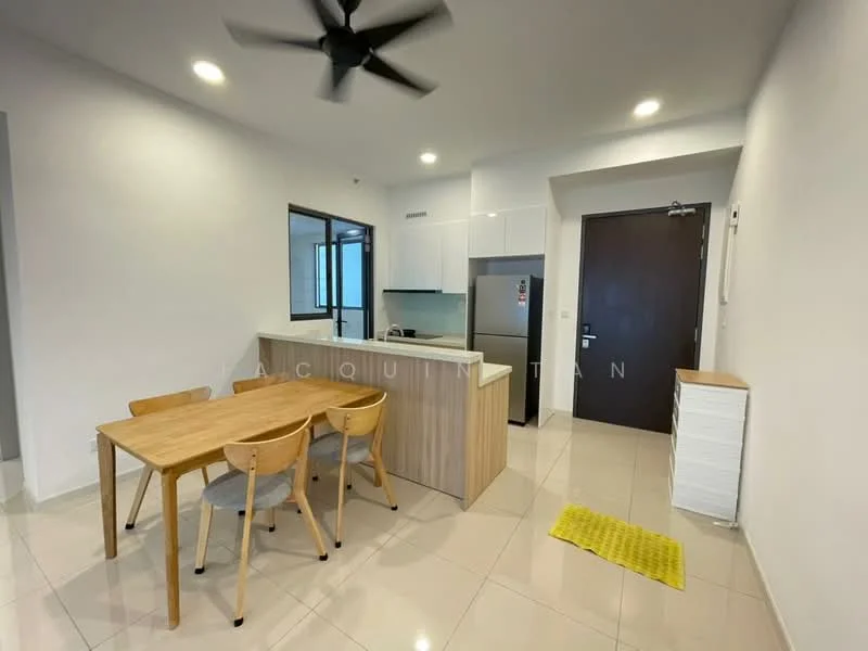 Dining features: 4-seater wooden dining table, light wood dining chairs, white walls, cream tiled flooring, ceiling fan, refrigerator, kitchen island with breakfast bar, open layout to kitchen, window with natural light, decorative mat, storage cabinet, black door, kitchen cabinetry; style: modern.