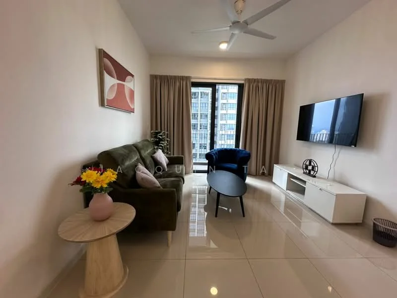 Living features: green fabric sofa, blue velvet armchair, round black coffee table, white TV console, wall-mounted flat-screen TV, large floor-to-ceiling windows, sheer curtains, decorative wall art, marble tile flooring, ceiling fan with light, potted flowers on side table, beige curtains; style: modern; view: city.