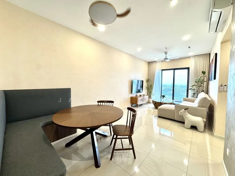 Living features: white painted walls, glossy ceramic tile flooring, recessed downlights, 5-blade ceiling fan, floor-to-ceiling windows, sliding glass door, light-colored sofa, wooden coffee table, round dining table, wooden dining chairs, decorative indoor plant, wall-mounted TV, TV console, decorative sculpture; style: modern; view: city.