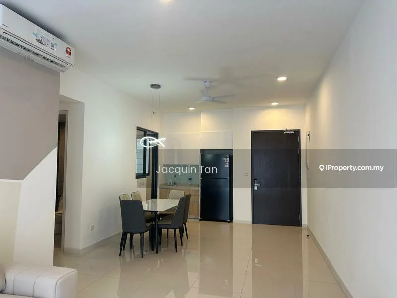 Living features: white painted walls, glossy tile flooring, 5-blade ceiling fan with light, dining table for four, black fridge, recessed lighting, large window, air conditioning unit; style: modern.