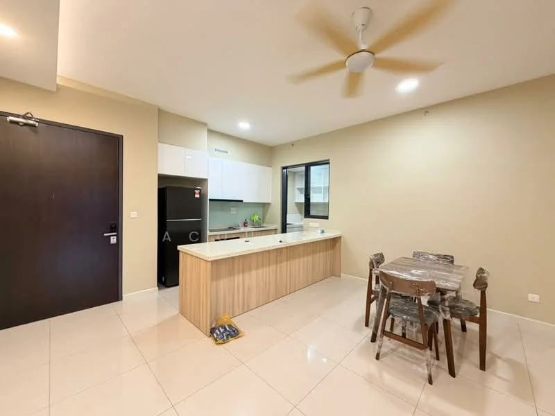 Kitchen features: white cabinetry, wooden countertop, stainless-steel fridge, built-in oven, 4-burner gas hob, single-bowl stainless-steel sink, chrome pull-down faucet, pendant light, tile flooring, ceiling fan, open layout, dining table with chairs; style: modern.