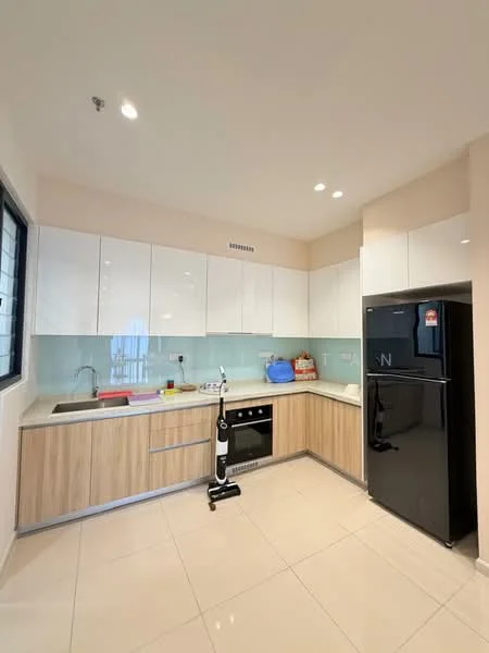 Kitchen features: white glossy upper cabinets, wooden lower cabinets, light green glass backsplash, granite countertop, built-in oven, stainless-steel sink, chrome pull-down faucet, black refrigerator, ceramic tile flooring, recessed downlights, wall-mounted vacuum cleaner; style: modern.