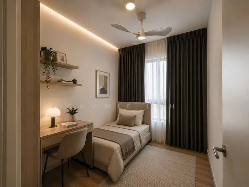 Bedroom features: single bed, upholstered headboard, bedside lamp, study desk, chair, wooden shelving, curtains, recessed ceiling lights, ceiling fan, area rug, neutral wall color, wooden flooring; style: modern.