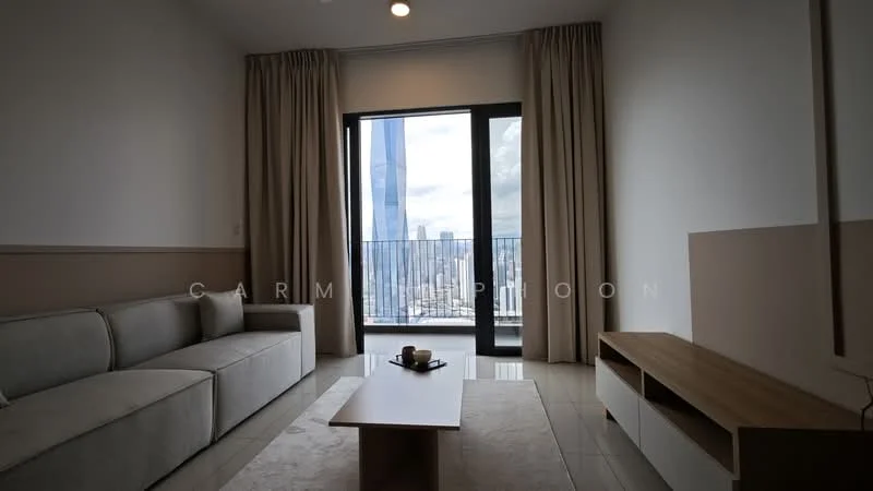 Living features: 3-seater fabric sofa in light grey, coffee table, TV console, wall-mounted TV, floor-to-ceiling windows, curtains in beige, light-colored walls, tile flooring, recessed downlights; style: modern; view: city.