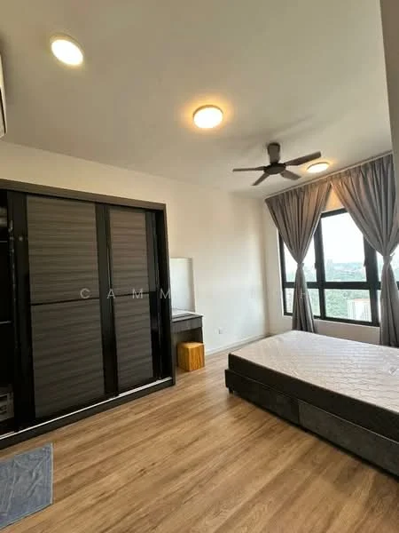 Bedroom features: wooden flooring, white painted walls, 5-blade ceiling fan, floor-to-ceiling windows, black sliding wardrobe, grey upholstered bed frame, curtains, nightstand, dressing table, unmade mattress; style: modern; view: city.