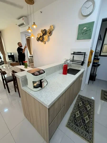 Kitchen features: granite countertop, wood cabinetry, single-bowl stainless-steel sink, chrome pull-down faucet, built-in microwave, coffee machine, recessed downlights, pendant lights, wall clock, decorative wall art, tile flooring, kitchen rug; style: modern.