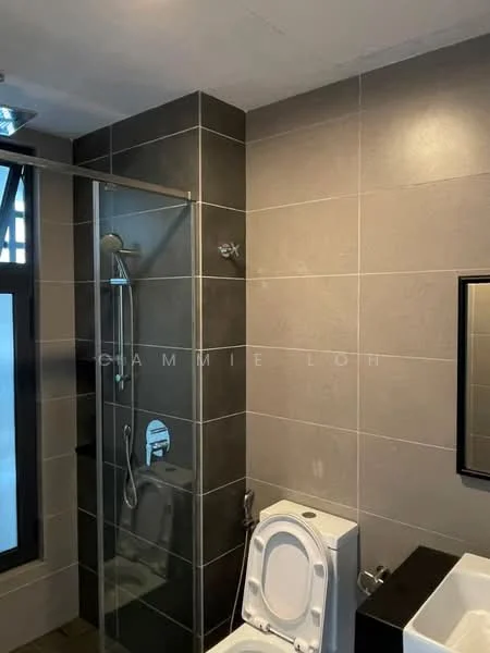 Bathroom features: walk-in shower with glass enclosure, rain shower head, handheld shower, chrome basin mixer, one-piece toilet, framed mirror, black vanity with sink, grey tile flooring, grey wall tiles, exhaust fan, window for natural light; style: modern.