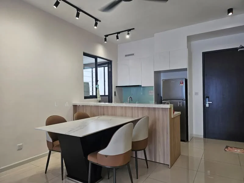 Kitchen features: white painted walls, light grey cabinetry, marble countertop, stainless-steel fridge, 4-burner gas hob, built-in oven, pendant lighting, ceiling fan, dining table with marble top, 4 upholstered dining chairs, tile flooring, window with city view; style: modern; view: city.