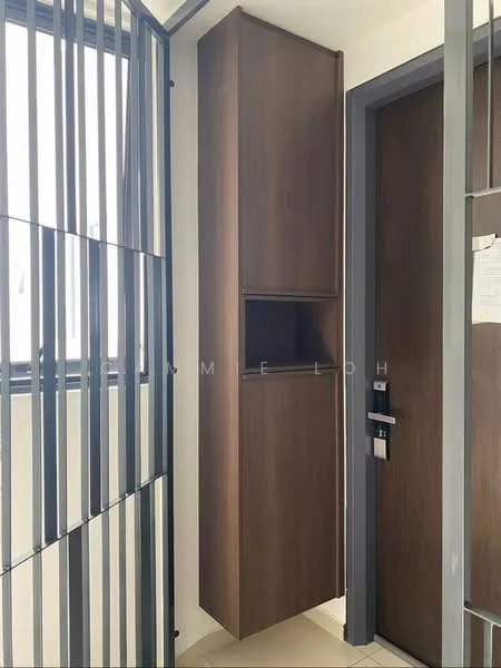 Room features: wooden cabinetry, built-in storage unit, open shelf, closed cabinet, grey door frame, metal security grille, floor tiles, natural light from windows; style: modern.