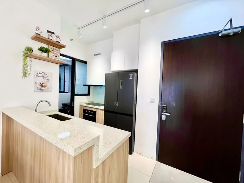Kitchen features: granite countertop, wood cabinetry, black refrigerator, built-in oven, single-bowl stainless-steel sink, chrome pull-down faucet, tile flooring, recessed LED downlights, open shelving, decorative wall art; style: modern.