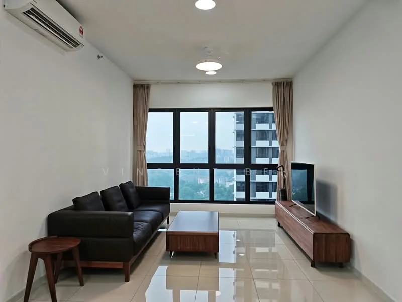 Living features: 3-seater fabric sofa in black, wooden coffee table, TV console in wood, wall-mounted TV, floor-to-ceiling windows, curtains, recessed downlights, wall-mounted split AC, glossy tile flooring, neutral painted walls, ceiling fan; style: modern; view: city.
