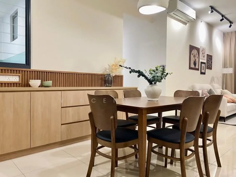 Dining features: wooden dining table, 4 wooden dining chairs with black cushions, light-colored wooden sideboard, decorative vase with flowers, wall-mounted air conditioning unit, neutral painted walls, ceramic tile flooring, framed artwork on the wall, recessed lighting, window with natural light; style: modern.