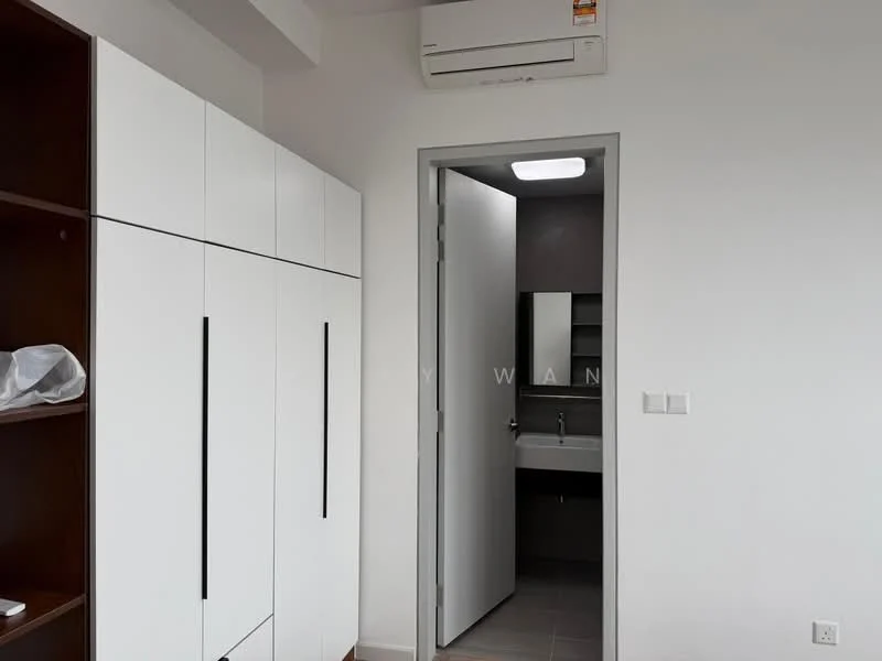 Room features: white painted walls, grey tile flooring, 1 wall-mounted split AC, built-in wardrobe with white doors, door leading to bathroom, ceiling light fixture, neutral color scheme; style: modern.