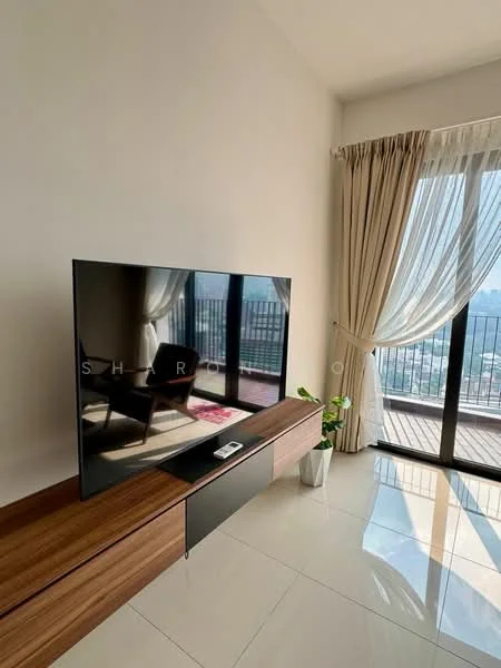 Living features: large flat-screen TV, wooden TV console, white walls, floor-to-ceiling windows, sheer curtains, sliding glass door, glossy tile flooring, indoor plant in pot; style: modern; view: city.