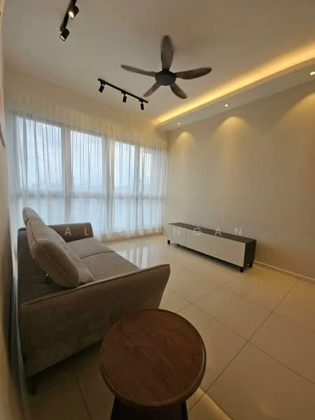 Living features: 3-seater fabric sofa in light grey, wooden side table, floor-to-ceiling windows with sheer curtains, recessed LED downlights, ceiling fan with 3 blades, light-coloured wall, glossy tile flooring, minimalist TV console in white; style: modern.
