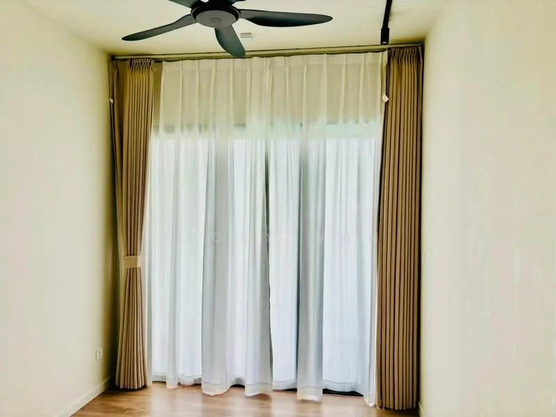 Room features: light wood flooring, white painted walls, floor-to-ceiling windows, sheer curtains, blackout curtains, 5-blade ceiling fan; style: modern.