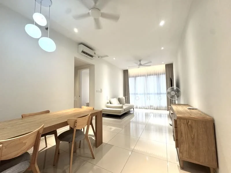 Living features: white painted walls, glossy tile flooring, 5-blade ceiling fan, recessed downlights, floor-to-ceiling windows with sheer curtains, sofa in light color, wooden sideboard, decorative wall fan, dining table with wooden chairs, pendant lighting; style: modern.