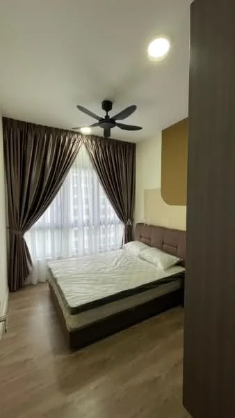 Bedroom features: queen-size bed, upholstered headboard, floor-to-ceiling windows, sheer curtains, dark brown curtains, 5-blade ceiling fan, wooden flooring, decorative wall panel, built-in wardrobe; style: modern.