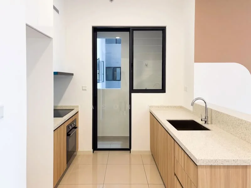 Kitchen features: granite countertop, stainless-steel sink, chrome pull-down faucet, built-in oven, 4-burner gas hob, wood cabinetry, tile flooring, white painted walls, sliding glass door, window with black frame; style: modern.