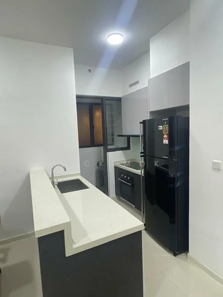 Kitchen features: white quartz countertop, black cabinetry, stainless-steel sink, chrome pull-down faucet, built-in oven, freestanding range oven, black refrigerator, ceramic tile flooring, recessed downlights, window with view to outside, wall-mounted cabinets, open shelving; style: modern.