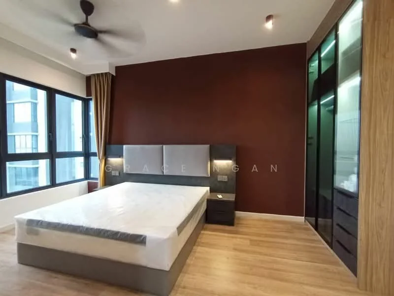 Bedroom features: king-size bed with upholstered headboard, 2 bedside tables, floor-to-ceiling windows, brown accent wall, light wood flooring, ceiling fan, built-in wardrobe with glass doors, curtains, decorative wall lighting; style: modern; view: city.