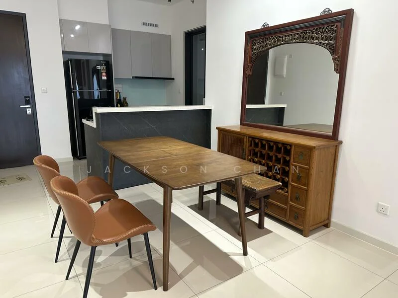 Dining features: wooden dining table, 4 dining chairs with brown upholstery, wooden sideboard with wine storage, large decorative mirror, white painted walls, ceramic tile flooring, recessed downlights, open kitchen view, black countertop, stainless-steel fridge; style: modern; view: kitchen.