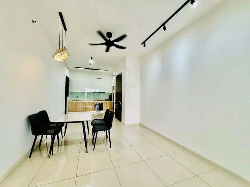 Dining features: white painted walls, polished tile flooring, 5-blade ceiling fan with light, track lighting, dining table with 4 chairs, open kitchen layout, kitchen cabinetry in wood, glass backsplash, stainless-steel appliances; style: modern.