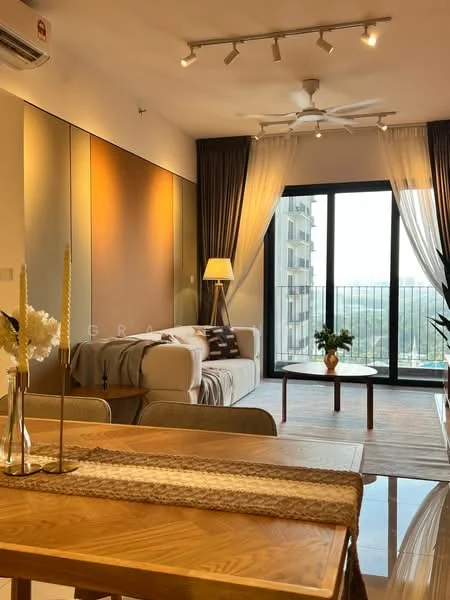 Living features: 3-seater fabric sofa in light grey, wooden coffee table, floor-to-ceiling windows, sliding glass door, sheer curtains, blackout curtains, ceiling fan with light, recessed LED downlights, decorative plants, wooden flooring, wall-mounted TV, area rug with geometric pattern; style: modern; view: city. Dining features: 6-seater wooden dining table, decorative centerpiece, table runner, wooden dining chairs; style: modern.