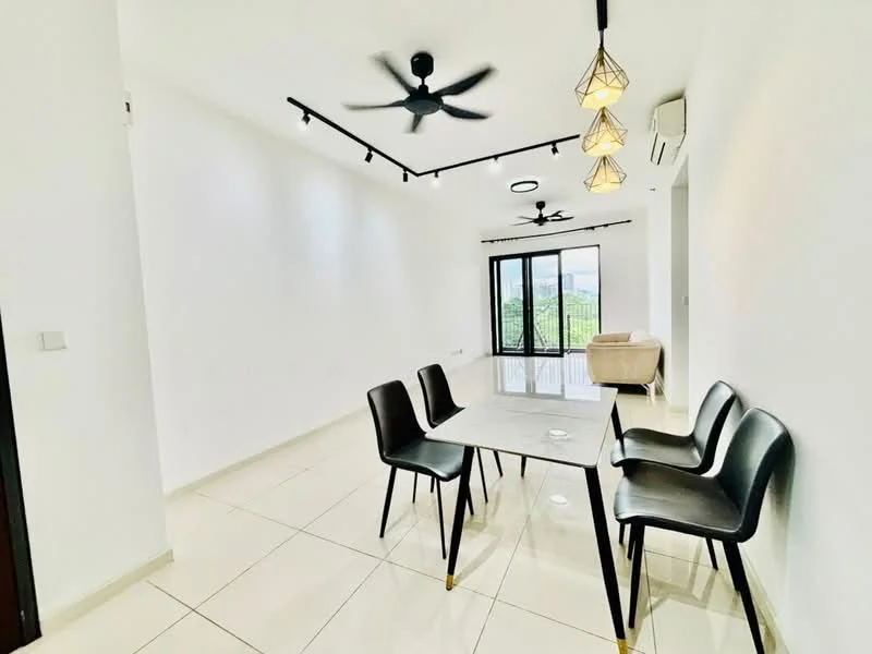 Dining features: white painted walls, tile flooring, 5-blade ceiling fan, 3-blade ceiling fan, track lighting, pendant lights, dining table with marble top, 4 black dining chairs, floor-to-ceiling windows, view of greenery; style: modern; view: garden. Living features: beige sofa, floor-to-ceiling windows, white walls, tile flooring; style: modern; view: garden.