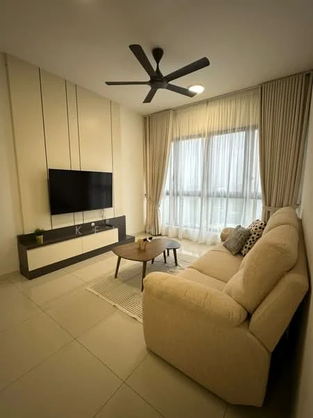 Living features: beige fabric sofa, round coffee table, wall-mounted TV, TV console with storage, 5-blade ceiling fan with light, floor-to-ceiling windows, sheer curtains, light-colored wall with vertical panels, tile flooring, area rug, decorative cushions; style: modern.