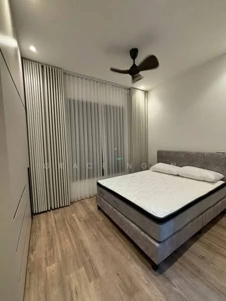 Bedroom features: queen-size bed, upholstered headboard, wooden flooring, 5-blade ceiling fan, floor-to-ceiling windows, sheer curtains, built-in wardrobe, decorative wall paneling; style: modern.