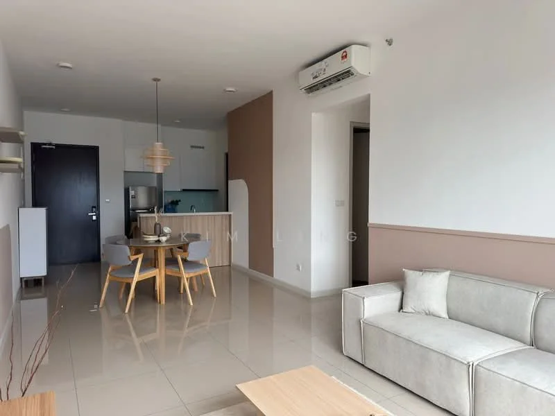 Living features: 3-seater fabric sofa in light grey, coffee table, dining table for 4 with wooden legs, floor-to-ceiling windows, wall-mounted split AC, cream painted walls, glossy tile flooring, decorative wall with brown accent, light fixture on ceiling; style: modern. Kitchen features: open kitchen layout, white cabinetry, stainless-steel sink, built-in oven, freestanding range oven, refrigerator, countertop with bar seating, grey backsplash, under-cabinet lighting; style: modern.