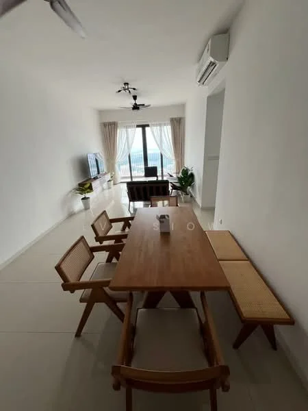 Dining features: wooden dining table, 4 wooden dining chairs, bench seating, floor-to-ceiling windows, curtains, wall-mounted TV, air conditioning unit, light-colored walls, tile flooring, ceiling fan with light; style: modern; view: city.