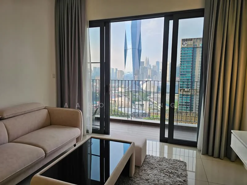 Living features: 3-seater fabric sofa in light beige, glass coffee table with black frame, floor-to-ceiling sliding glass doors, curtains in light grey, neutral wall colour, tile flooring, city skyline view, balcony access; style: modern; view: city.