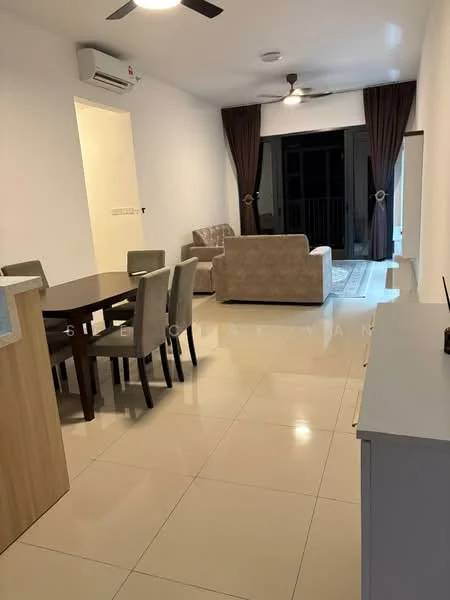 Living features: cream painted walls, white ceiling, 5-blade ceiling fan, floor-to-ceiling windows, sliding glass door, beige fabric sofa, 3-seater sofa, area rug, coffee table, TV console, dining table with 4 chairs, tile flooring, curtains; style: modern.