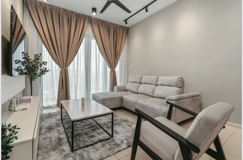 Living features: 3-seater fabric sofa in grey, coffee table, area rug with geometric pattern, floor-to-ceiling windows, sheer curtains, blackout curtains, ceiling fan, wall-mounted TV, decorative plant in pot, light-colored walls, recessed downlights; style: modern; view: city.